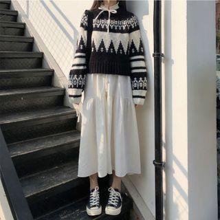 Pattern Embroidered Sweatshirt / Lantern-sleeve Tie Neck Loose Fit Plain Dress