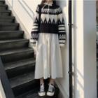 Pattern Embroidered Sweatshirt / Lantern-sleeve Tie Neck Loose Fit Plain Dress