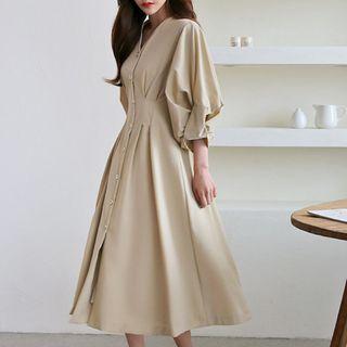 Balloon-sleeve Pintuck-waist Shirtdress