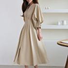 Balloon-sleeve Pintuck-waist Shirtdress