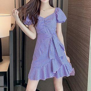 Puff-sleeve Check Ruffled A-line Dress