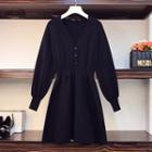 Lantern-sleeve Knit Mini A-line Dress