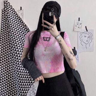 Short-sleeve Tie-dye Butterfly Embroidered T-shirt Pink - One Size