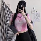 Short-sleeve Tie-dye Butterfly Embroidered T-shirt Pink - One Size