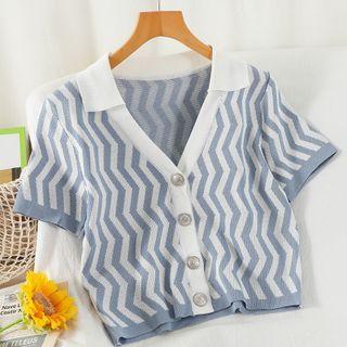 Short-sleeve Chevron Stripe Polo Knit Top Blue - One Size