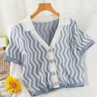 Short-sleeve Chevron Stripe Polo Knit Top Blue - One Size