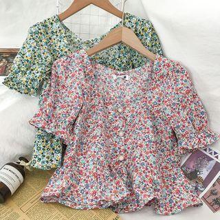 Short-sleeve Floral Print Buttoned Blouse