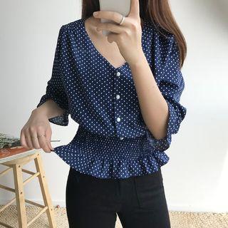 Smocked-waist Polka-dot Blouse