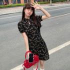 Short-sleeve Floral Mini Qipao Qipao - Black - One Size