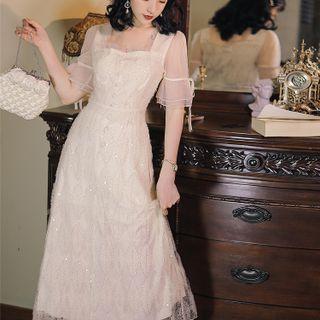 Short-sleeve Sequined Lace Midi Dress