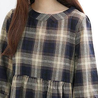 3/4-sleeve Plaid Mini Empire Dress