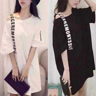 Lettering Strap Elbow-sleeve T-shirt Dress
