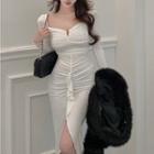 Long-sleeve Ruched Ruffle Sheath Dress
