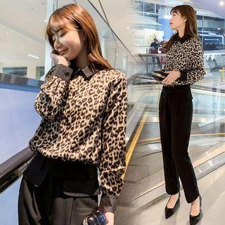 Set: Long-sleeve Leopard Print Shirt + Straight-cut Dress Pants