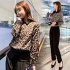 Set: Long-sleeve Leopard Print Shirt + Straight-cut Dress Pants