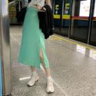 High-waist Slit Midi Skirt Aqua Green - One Size