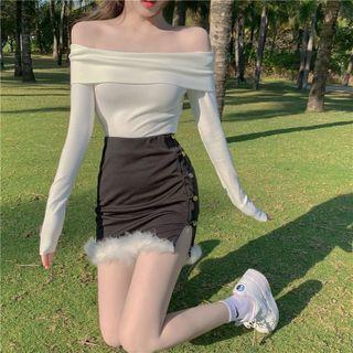 Long-sleeve Off-shoulder Top / Lace-up Fluffy Trim Mini Pencil Skirt