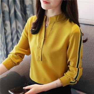 Stand Collar V-neck Chiffon Top