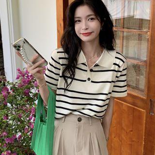 Short-sleeve Striped Polo Shirt Almond - One Size