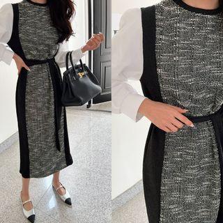 Contrast-panel Tweed Long Dress With Sash Black - One Size
