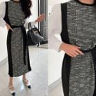 Contrast-panel Tweed Long Dress With Sash Black - One Size