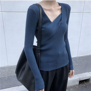 V-neck Plain Ribbed Cropped Knit Top