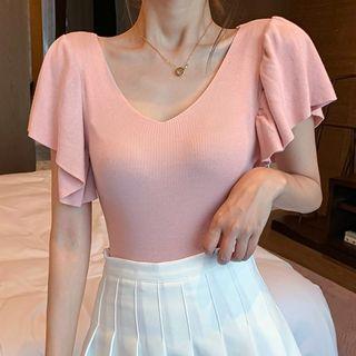 Short-sleeve V-neck Plain Slim Fit Top