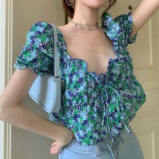 Short-sleeve Floral Print Frill Trim Crop Top Floral - Blue & Purple - One Size