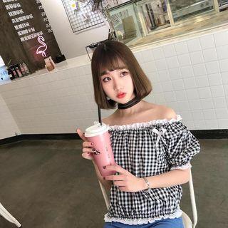 Plaid Short-sleeve Off Shoulder Blouse