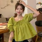 Square-neck Puff-sleeve Top Green - One Size