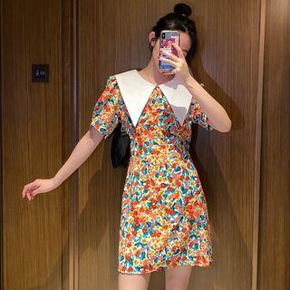 Sailor-collar Floral Chiffon Dress