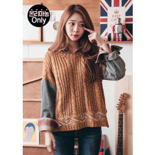 Denim-sleeve Patterned Cable-knit Top