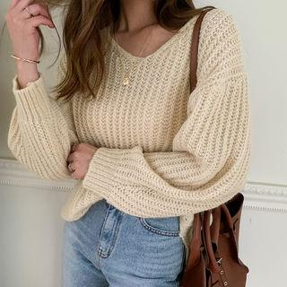 V-neck Alpaca Blend Rib Sweater