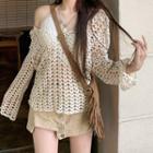 Long-sleeve Crochet Knit Top / Cropped Halter Top / Button-up Mini Pencil Skirt / Set