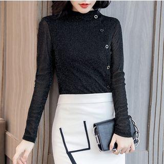 Grommet Glitter Long-sleeve Mesh Top