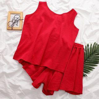 Set; Plain Tank Top + Wide Leg Shorts Set - Red - One Size