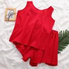 Set; Plain Tank Top + Wide Leg Shorts Set - Red - One Size