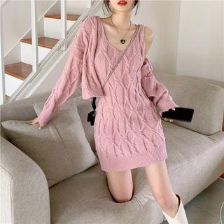 Set: Cable-knit Cardigan + Sleeveless Knit Dress Pink - One Size