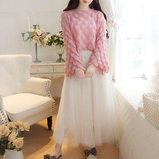 Set: Plain Loose-fit Knit Top + Mesh Pleated Skirt