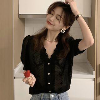 Puff-sleeve V-neck Lace Shirt