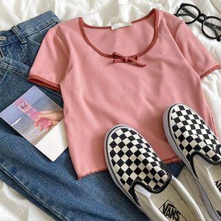 Short-sleeve Contrast Trim Cropped T-shirt Pink - One Size