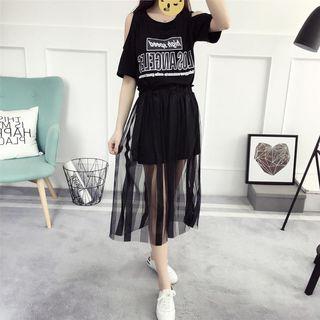 Set: Cut Out Short-sleeve T-shirt Dress + Sheer Midi Skirt