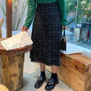 High-waist Plaid Frayed A-line Skirt
