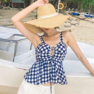 Spaghetti Strap Plaid Top / Crochet Knit Shorts