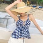 Spaghetti Strap Plaid Top / Crochet Knit Shorts