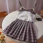 Spaghetti-strap Plaid Panel Pleated Mini A-line Dress