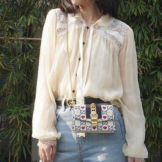 Plain Lace Single-breasted Puff-sleeve Blouse Almond - One Size