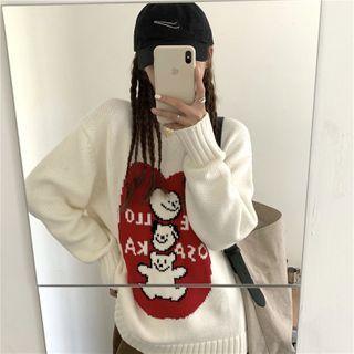 Long-sleeve Printed Knit Sweater / Color-block Knit Midi Skirt