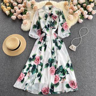 Bow Print Puff-sleeve Chiffon Dress