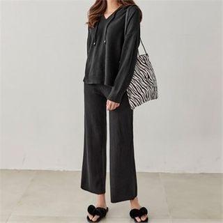 Set: Hooded Knit Top + Drawstring-waist Pants